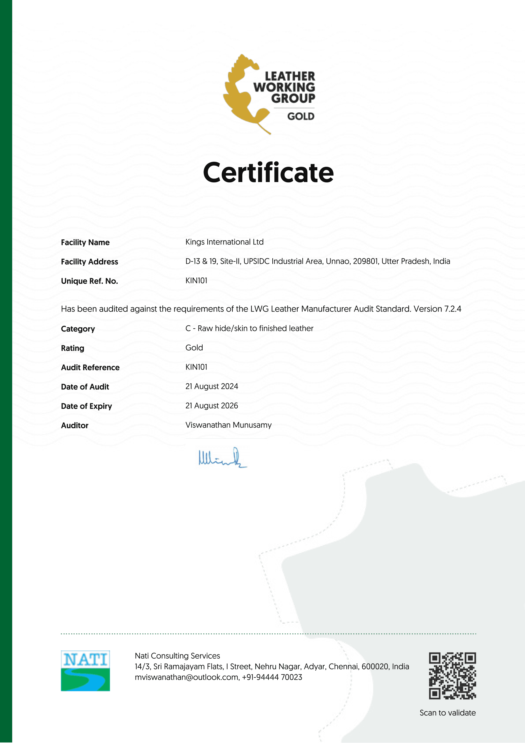 Leather Working Group Gold certificate - Kings International Ltd
