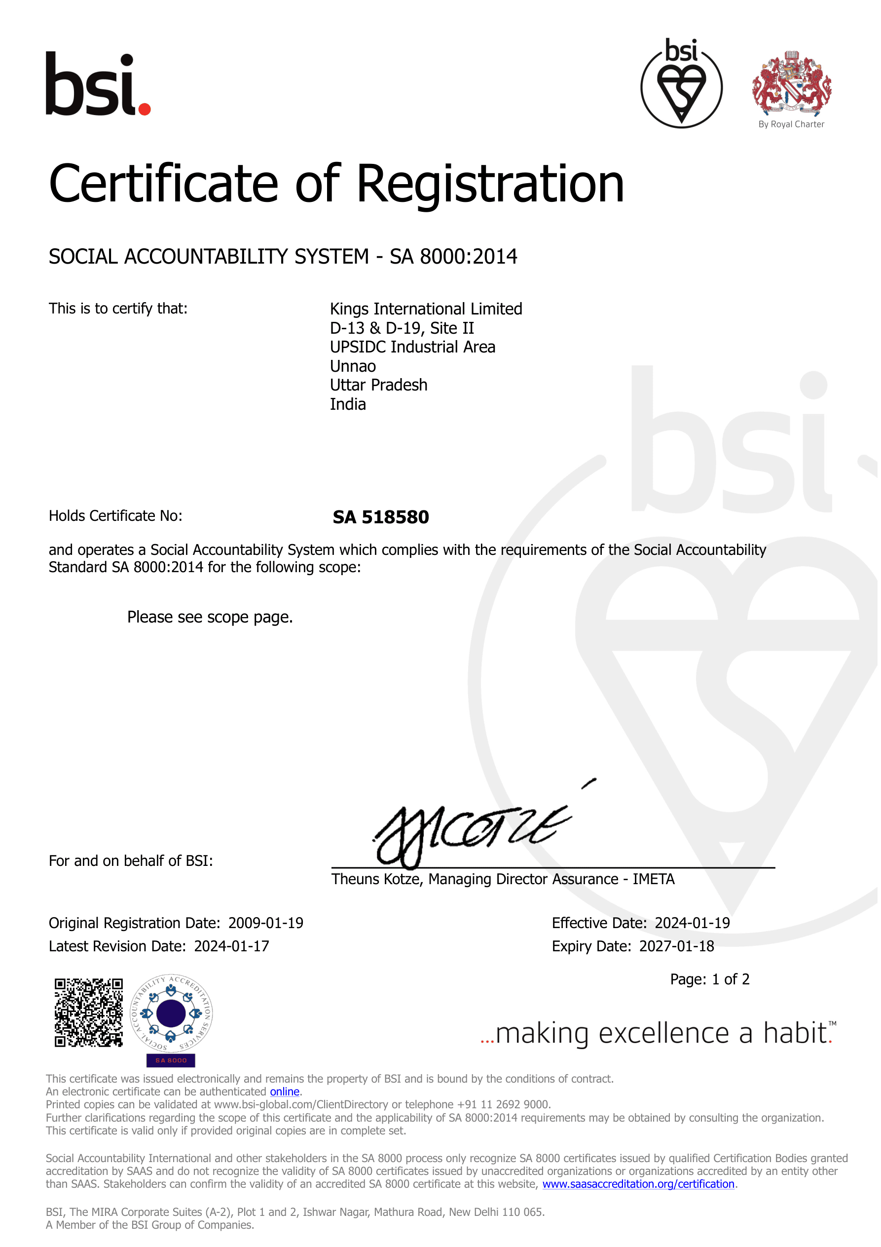 BSI Certificate of Registration - SA 8000:2014 Social Accountability System - Kings International Limited